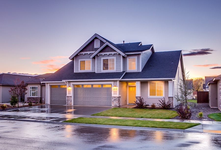 a modern house at sunset